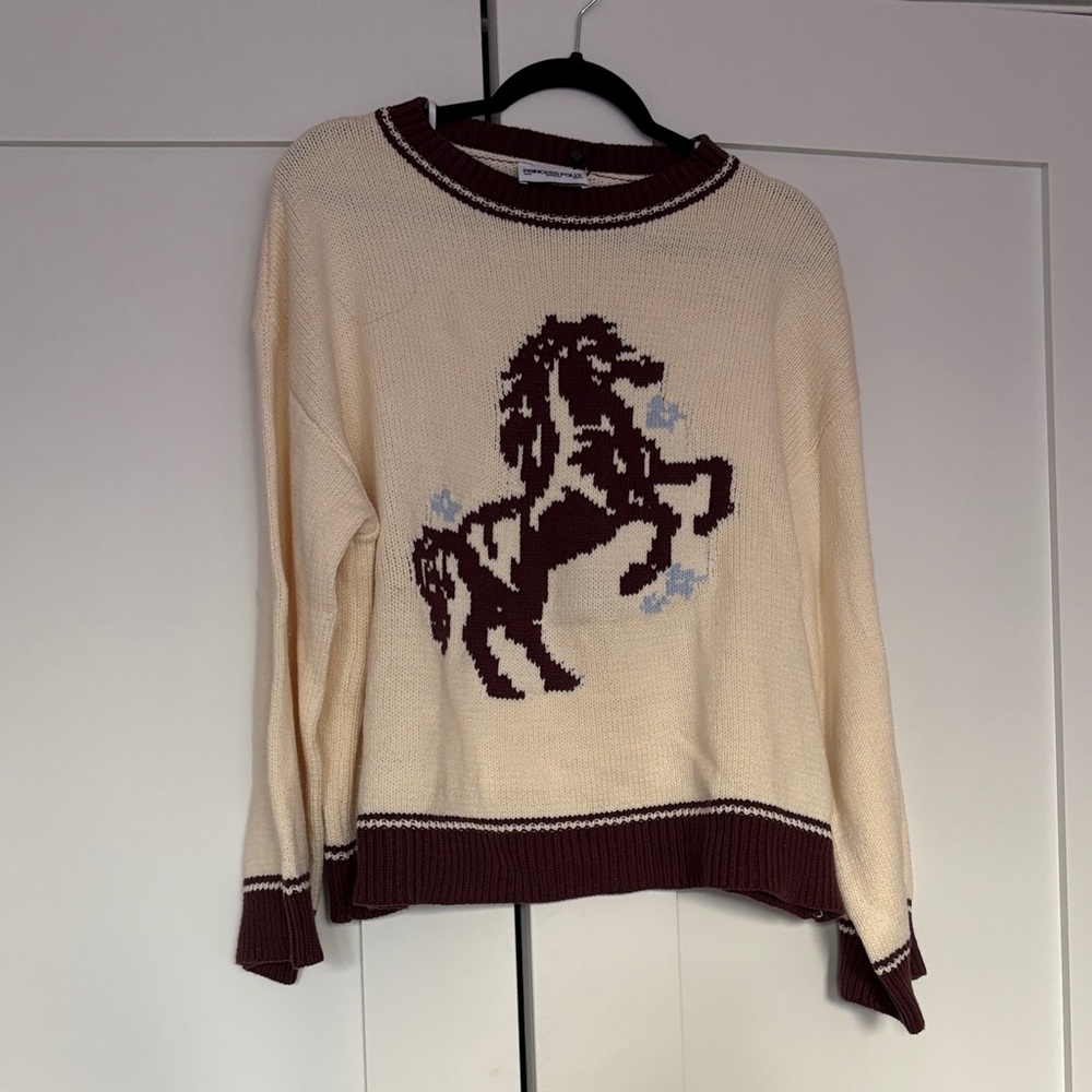 Princess Polly Cream & Burgundy Horse-Graphic Crewneck Sweater